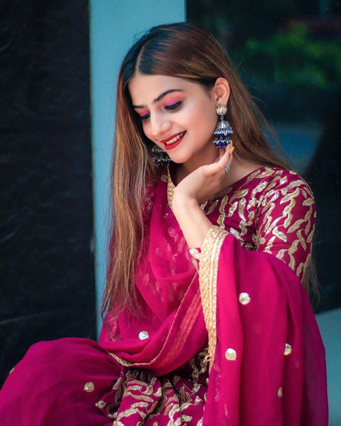 Amazaballs Rani Pink Color Wedding Wear Georgette Sequence Embroidered Fancy Work Ready Made Plazo Salwar Suit