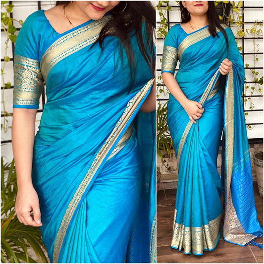 Party Firozi Color Fancy Jacquard Border Sana Silk Wedding Wear Designer Saree Blouse for women