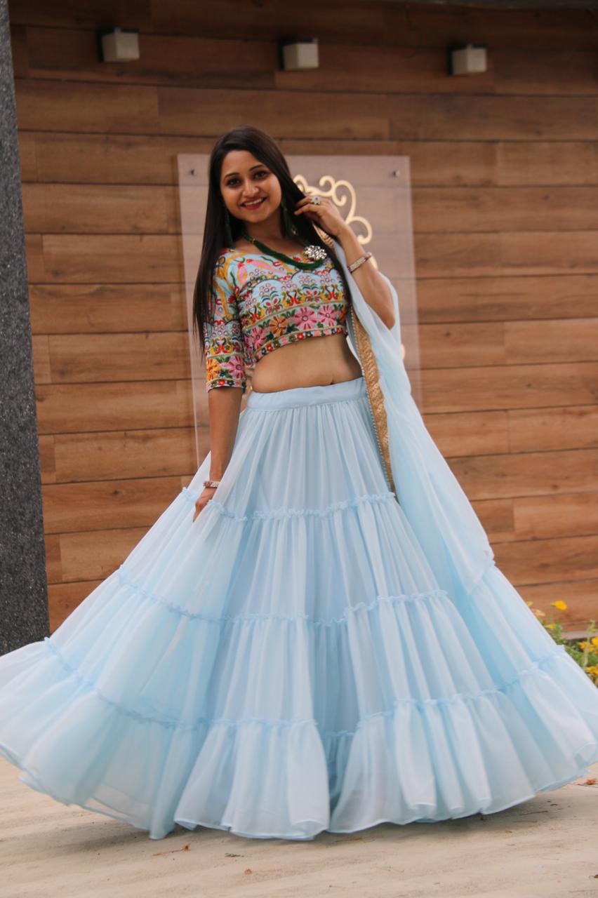 Thrilling Light Blue Color Ready Made Georgette Ruffle Embroidered Work Lehenga Choli For Function Wear