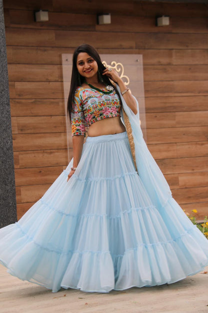 Thrilling Light Blue Color Ready Made Georgette Ruffle Embroidered Work Lehenga Choli For Function Wear