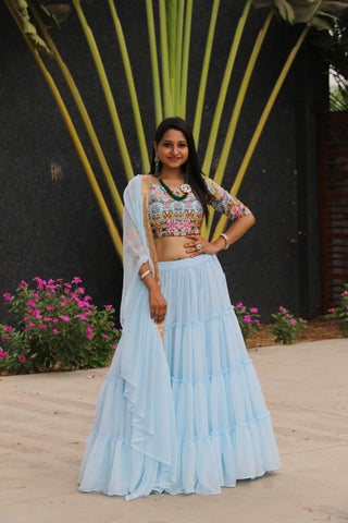 Thrilling Light Blue Color Ready Made Georgette Ruffle Embroidered Work Lehenga Choli For Function Wear