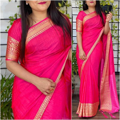 Classy Rani Pink Color Party Wear Sana Silk Designer Jacquard Border Designer Saree Blouse for women