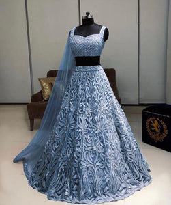 Opulent Grey Color Designer Soft Net Fancy Chain Stitch Work Lehenga Choli For Wedding Wear