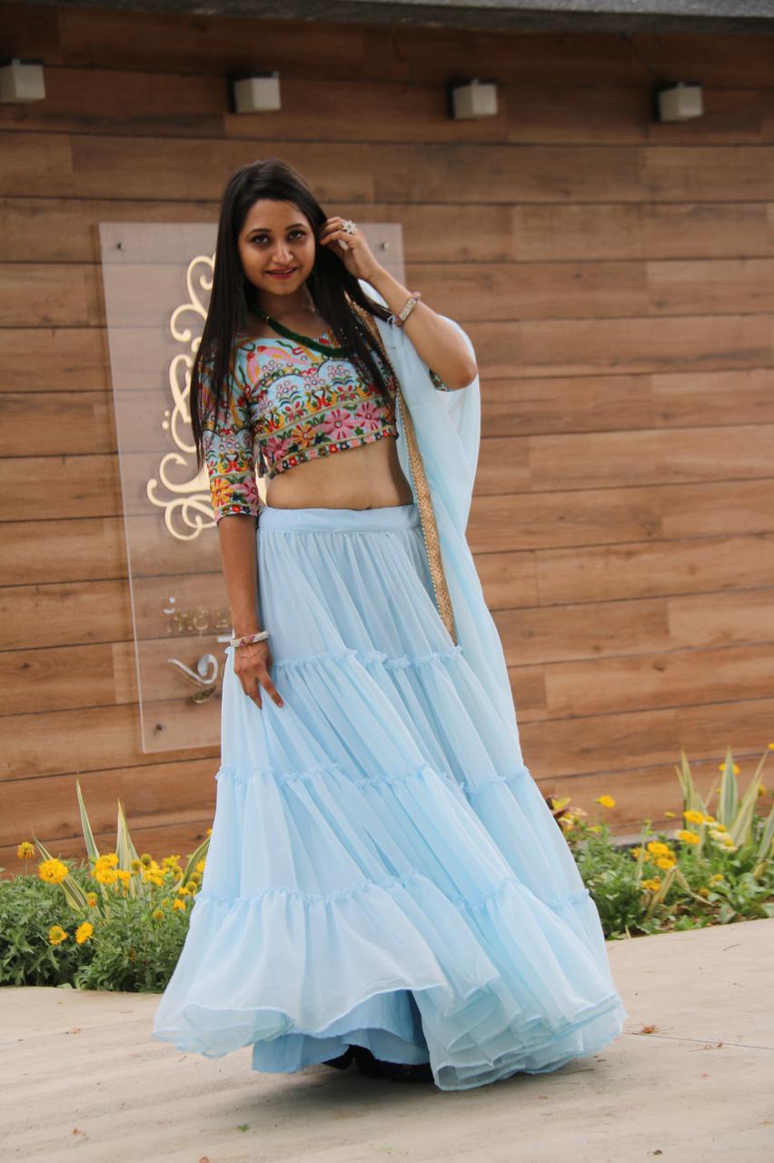 Thrilling Light Blue Color Ready Made Georgette Ruffle Embroidered Work Lehenga Choli For Function Wear