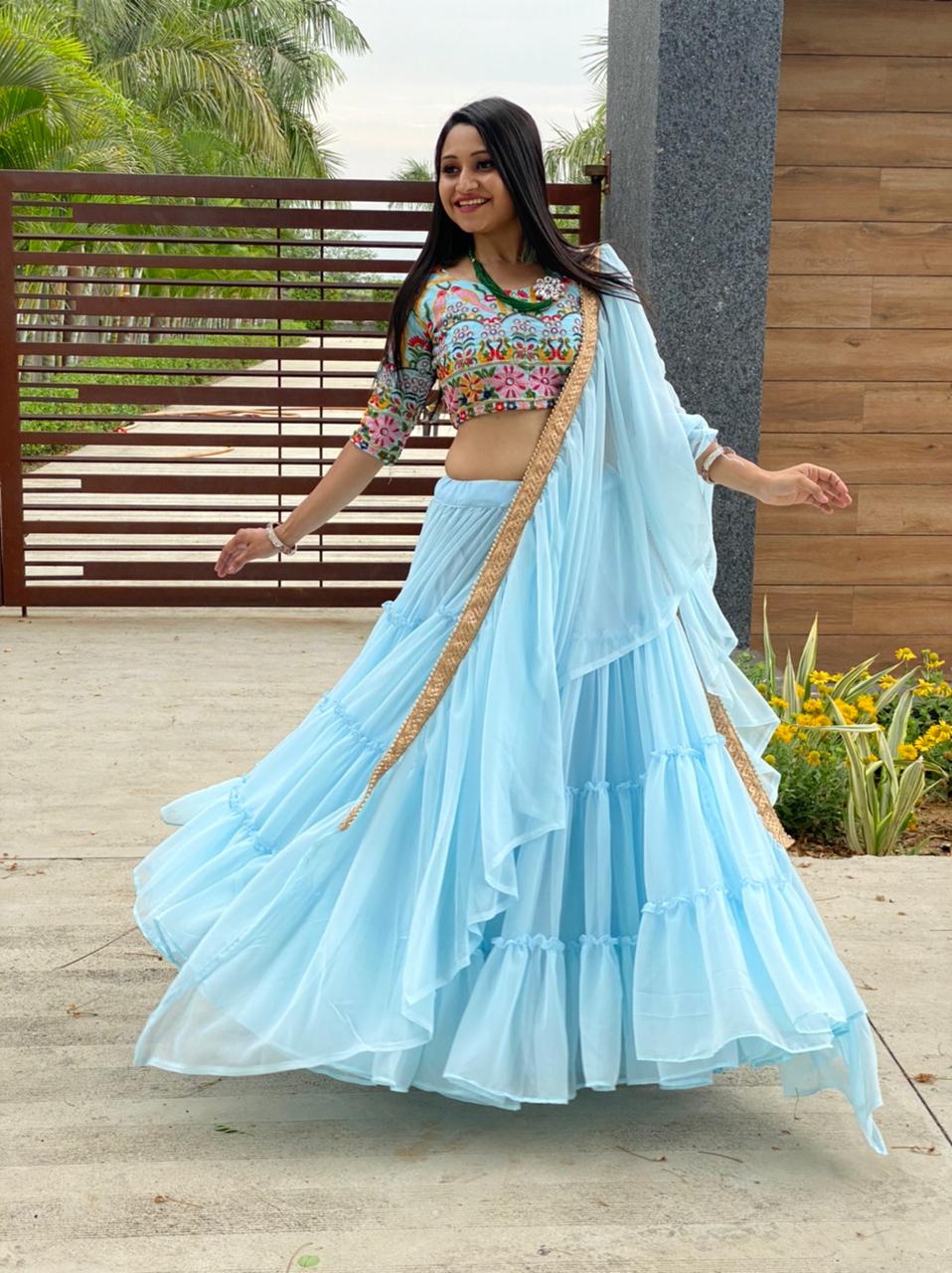 Thrilling Light Blue Color Ready Made Georgette Ruffle Embroidered Work Lehenga Choli For Function Wear