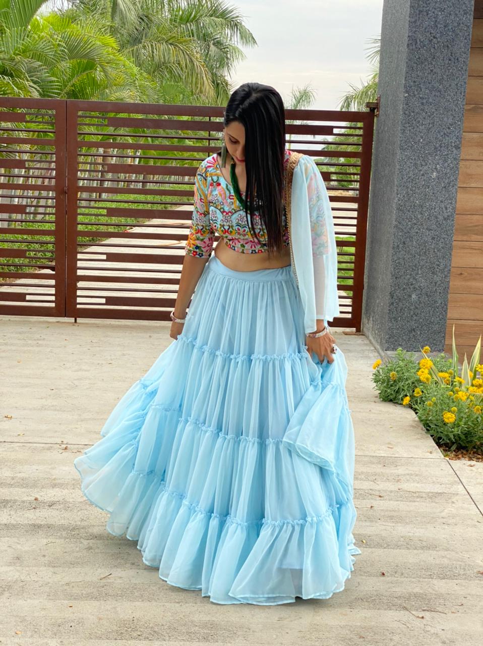 Thrilling Light Blue Color Ready Made Georgette Ruffle Embroidered Work Lehenga Choli For Function Wear