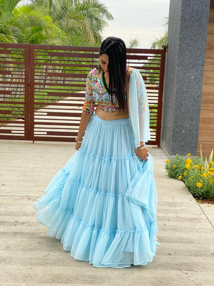 Thrilling Light Blue Color Ready Made Georgette Ruffle Embroidered Work Lehenga Choli For Function Wear