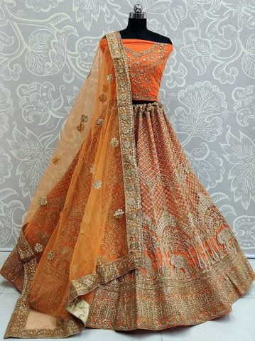 Function Wear Beautiful Orange Color Soft Net Dori Zari Diamond Embroidered Work Lehenga Choli For Wedding Wear