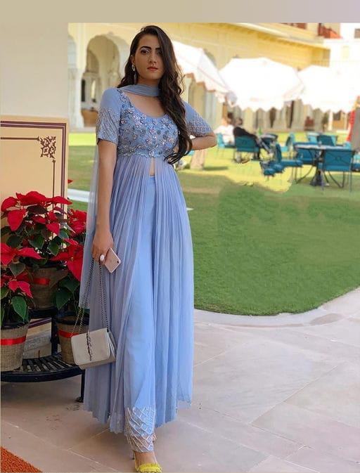 Desirable Light Blue Color Stylish Georgette Embroidered Work Designer Plazo Salwar Suit For Function Wear