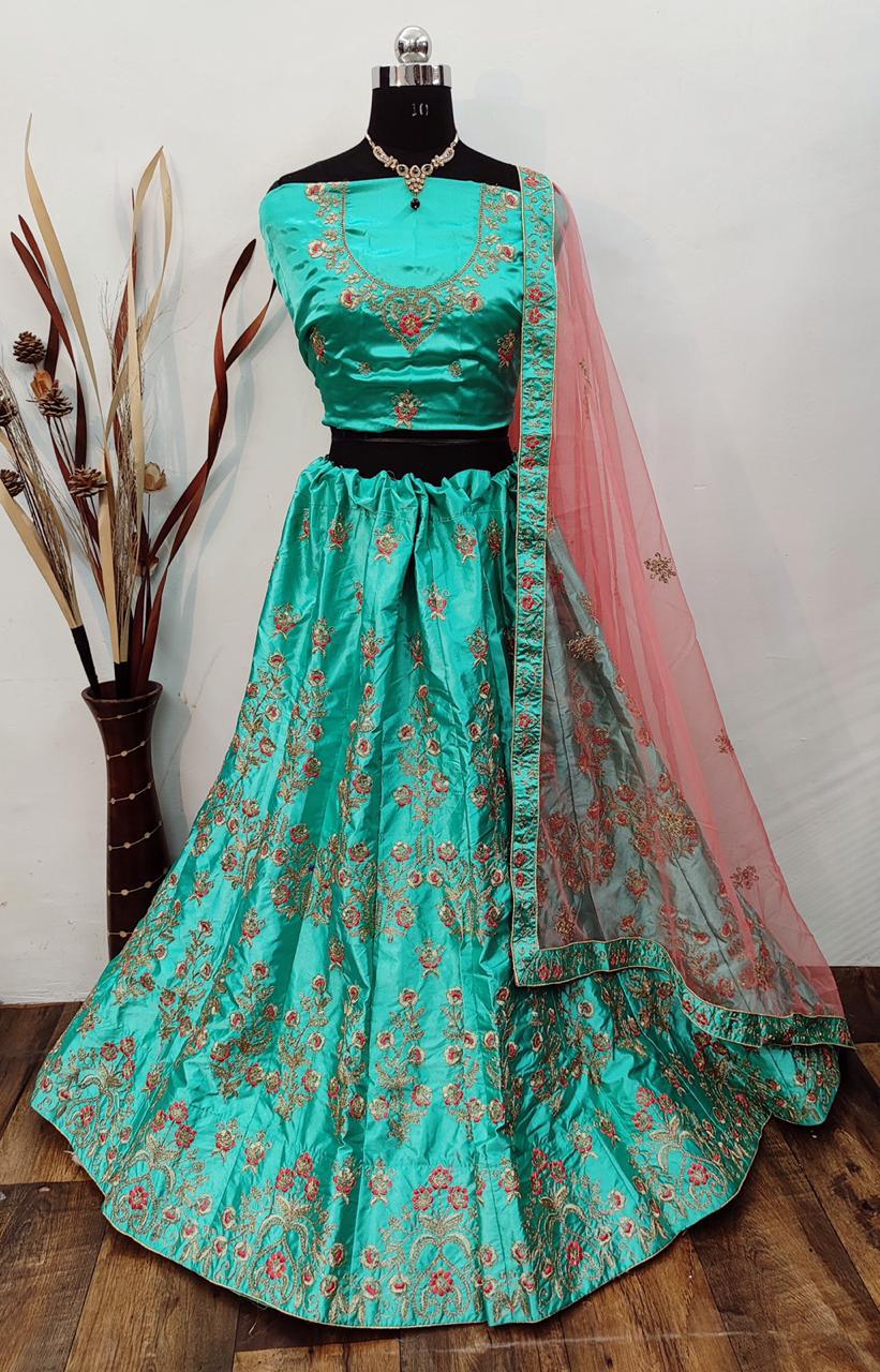 Striking Rama Color Beautiful Embroidered Work Satin Silk Wedding Wear Designer Lehenga Choli