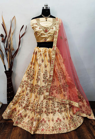 Thrilling Cream Color Embroidered Work Fancy Silk Satin Design Party Wear Lehenga Choli For Ladies