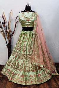 Novelty Green Color Function Wear Embroidered Work Designer Satin Silk Traditional Wear Lehenga Choli