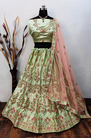 Novelty Green Color Function Wear Embroidered Work Designer Satin Silk Traditional Wear Lehenga Choli