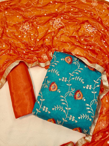 Alluring Sky Blue Color Festive Wear Embroidered Sequence Work Semi Modal Chanderi Salwar Suit