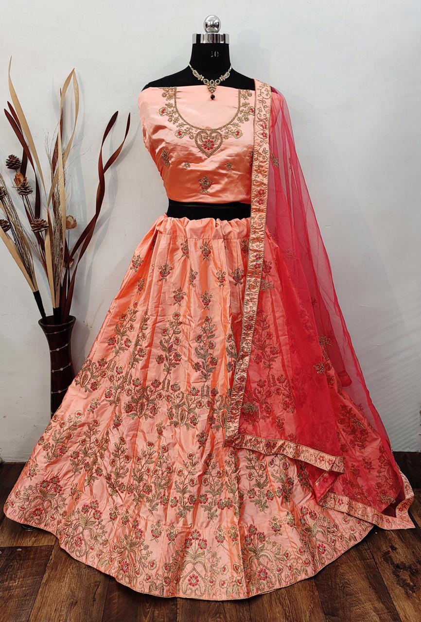 Flaunt Peach Color Festival Wear Satin Silk Indian Wear Embroidered Work Lehenga Choli Design