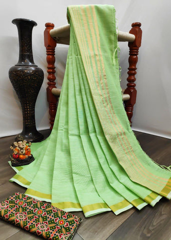 Impressive Green Color Festive Wear Golden Zari Border Printed Strip Pallu Jhalar Linen Silk Border Saree Blouse