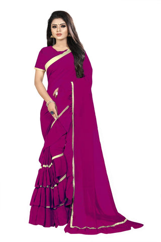 Function Magenta Color Party Wear Soft Georgette Ruffle Border Designer Saree Blouse