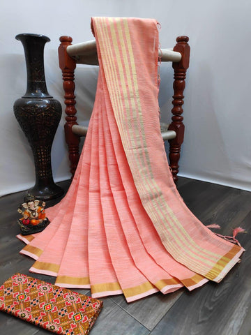 Fantastic Pink Color Silk Fancy LinenZari Border Golden Printed Strips Pallu Saree Blouse For Ladies