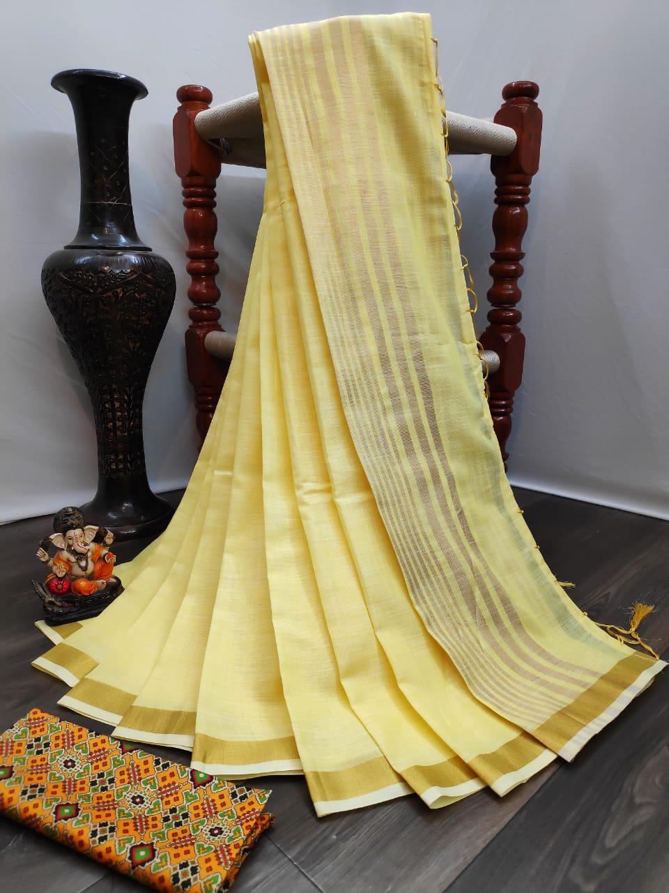 Unique Yellow Color Trendy Zari Golden Border Printed Occasion Wear Saree Blouse