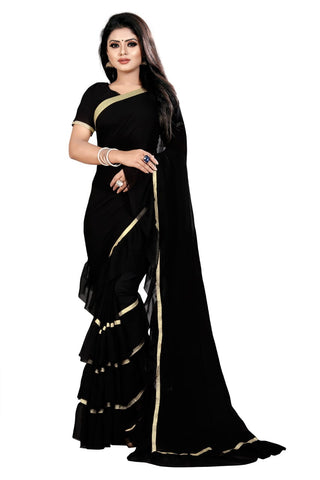 Marvelous Black Color Fancy Georgette Beautiful Freel Pattern Border Designer Saree Blouse For Casual Wear
