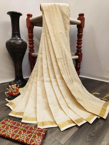 Captivation Cream Color Party Wear Silk Linen Designer Golden Zari Printed Border Strip Pallu Design Saree Blouse