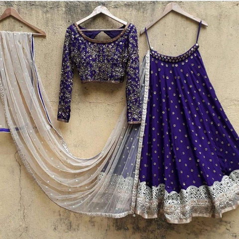 Festive Wear Violet Color Refreshing Taffeta Silk Design Embroidered Work Lehenga Choli For Girls