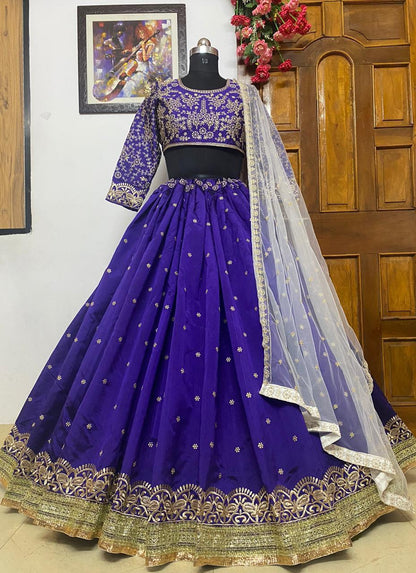 Festive Wear Violet Color Refreshing Taffeta Silk Design Embroidered Work Lehenga Choli For Girls