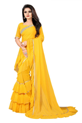 Party Yellow Color Festive Wear Soft Georgette Ruffle Border Fancy Designer Saree Blouse