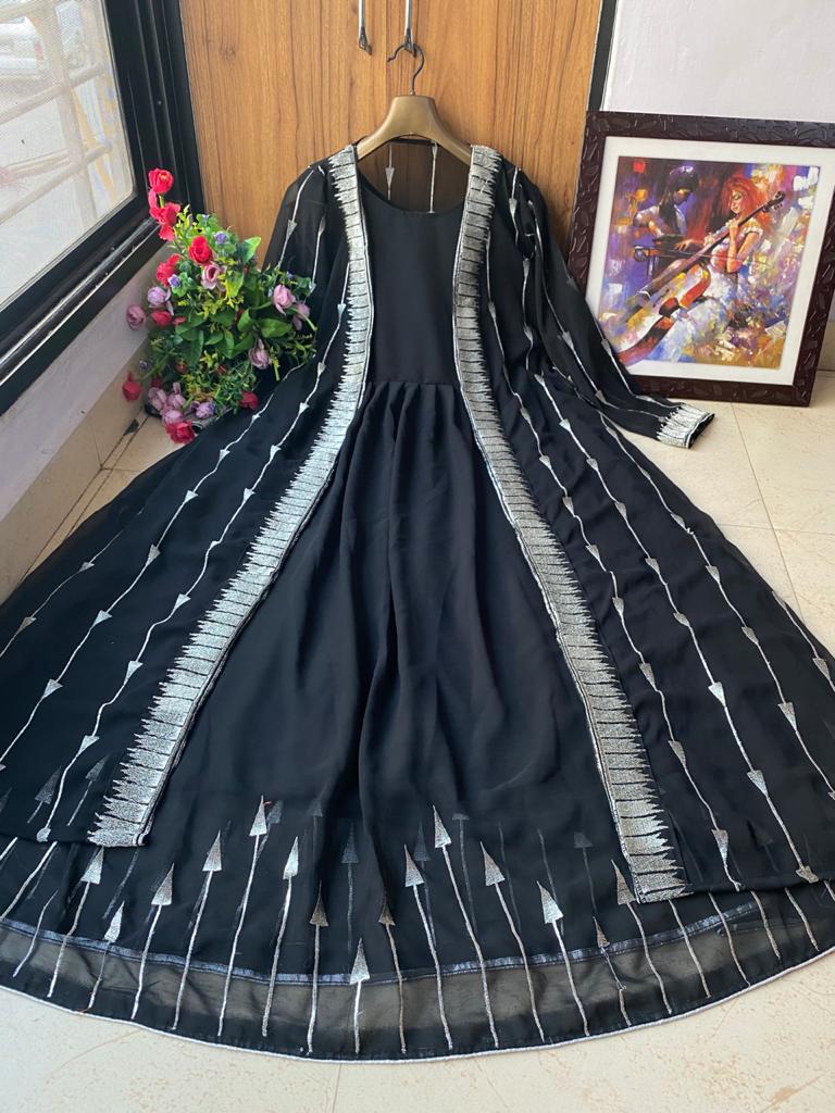 Smashing Black Color Party Wear Beautiful Georgette Embroidered Work Design Ready Made Gown