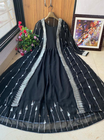 Smashing Black Color Party Wear Beautiful Georgette Embroidered Work Design Ready Made Gown