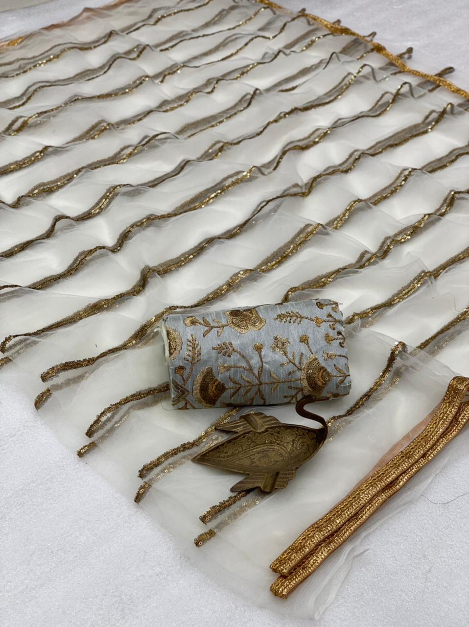 Impressive White Color Wedding Wear Mono Net Design All Over Leheriya Embroidered Sequence Work Saree Blouse