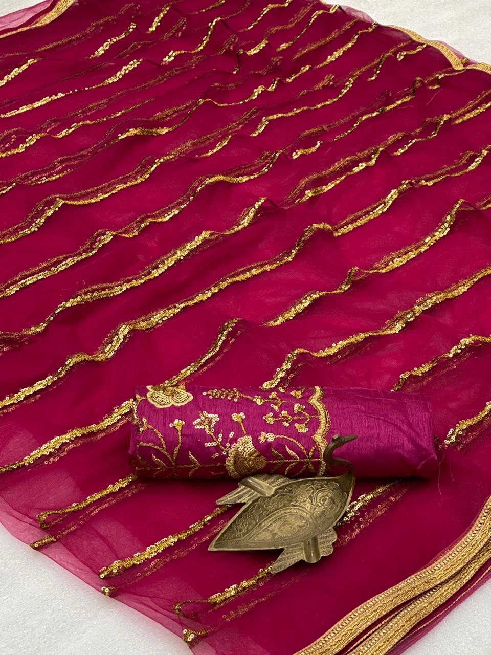 Classic Rani Pink Color Occasion Wear Mono Net All Over Leheriya Embroidered Sequence Work Saree Blouse