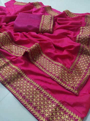 Sensational Rani Pink Color Occasion Wear Embroidered Zari Work Designer Sana Two Tone Silk Saree Blouse For Ladies