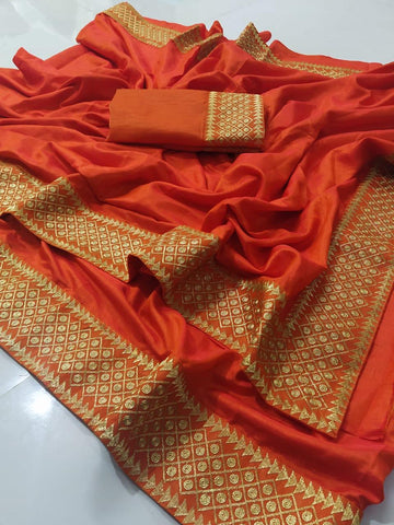 Party Wear Bewildering Orange Color Two Tone Silk Sana Zari Embroidered Work Design Saree Blouse