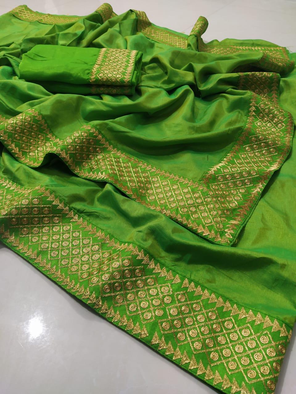 Party Wear Green Color Trendy Zari Embroidered Work Sana Two Tone Silk Saree Blouse