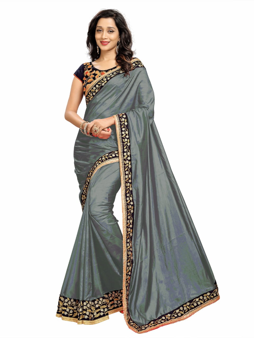 Dazzling Grey Color Fancy Paper Silk Embroidered Work Beautiful Party Wear Designer Saree Blouse