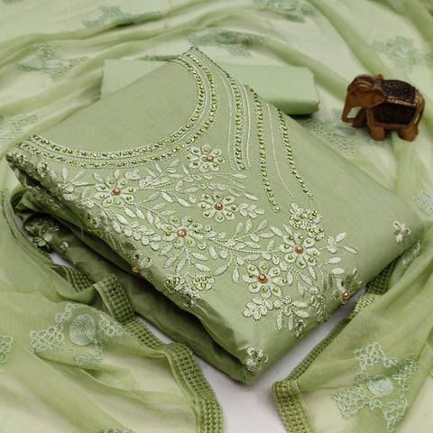 Dazzling Mehendi Green Color Stylish Latest Cotton Embroidered Work Salwar Suit