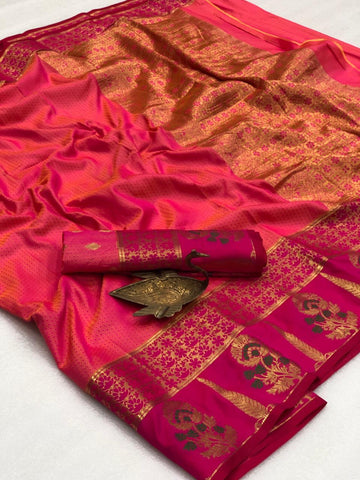 Flamboyant Rani Pink Color Function Wear All Over Weaving Rich Pallu Two Tone Silk Designer Designer Saree Blouse for women