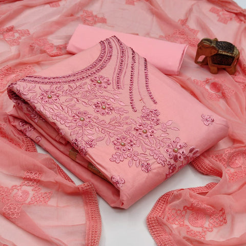 Engrossing Pink Color Smart Cotton Embroidered Fancy Work Salwar Suit For Casual Wear