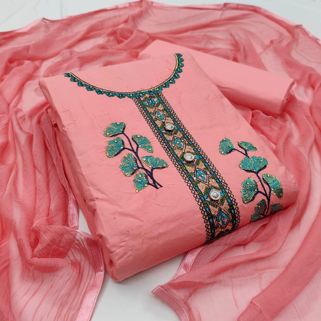 Superfine Pink Color Casual Wear Designer Cotton Embroidered Work Salwar Suit