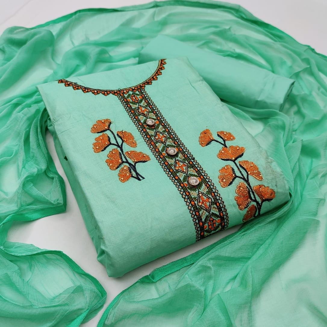 Energetic Sea Green Color Fancy Embroidered Work Cotton Running Wear Salwar Suit