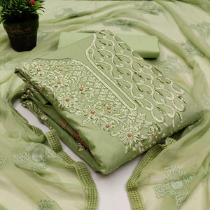 Delightful Green Color Trendy Casual Wear Cotton Embroidered Work Salwar Suit