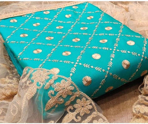 Flattering Casual Wear Sky Blue Color Chanderi Semi Modal Embroidered Work Salwar Suit