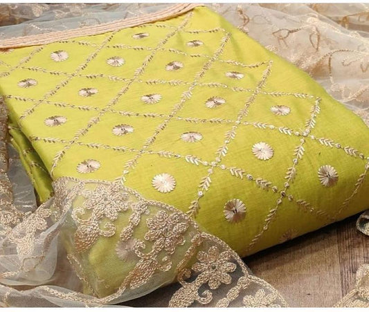 Captivation Light Green Color Running Wear Chanderi Embroidered Work Salwar Suit