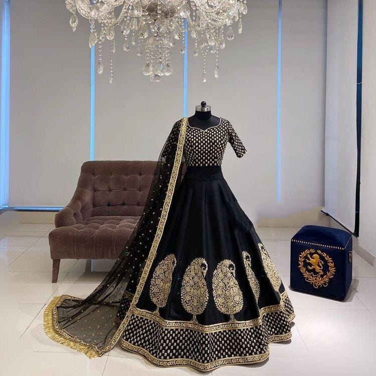 Sizzling Black Color Designer Silk Diamond Embroidered Work Wedding Wear Lehenga Choli