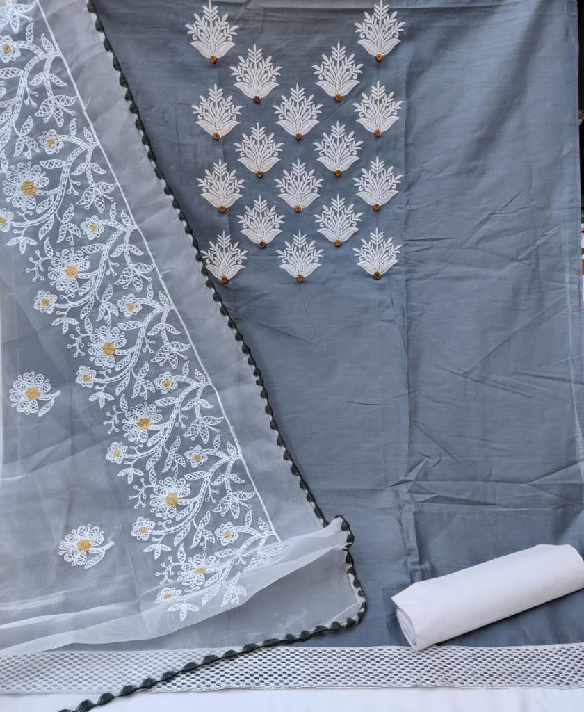 Novelty Grey Color Embroidered Work Fancy Cotton Salwar Suit For Ladies