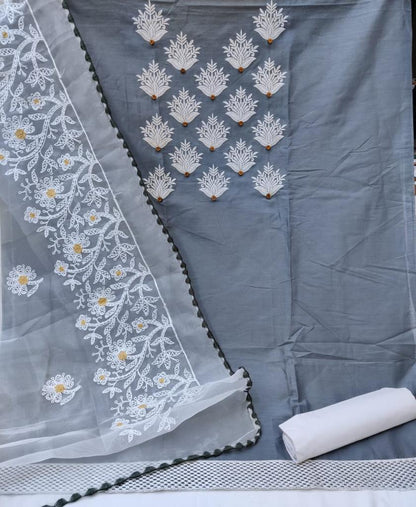 Novelty Grey Color Embroidered Work Fancy Cotton Salwar Suit For Ladies