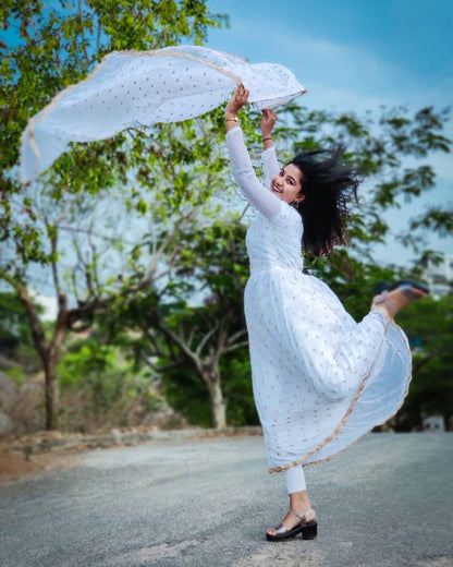 Appealing Off White Color Ready Made Georgette Designer Embroidered Stylish Work Gown Dupatta For Festive Wear