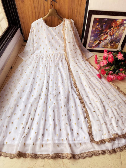 Appealing Off White Color Ready Made Georgette Designer Embroidered Stylish Work Gown Dupatta For Festive Wear