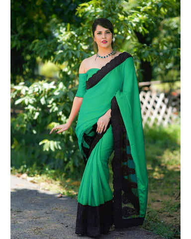 Opulent Rama Green Color Designer Multi Work Silk Net Lace Dolla Silk Designer Saree Blouse For Festive Wear